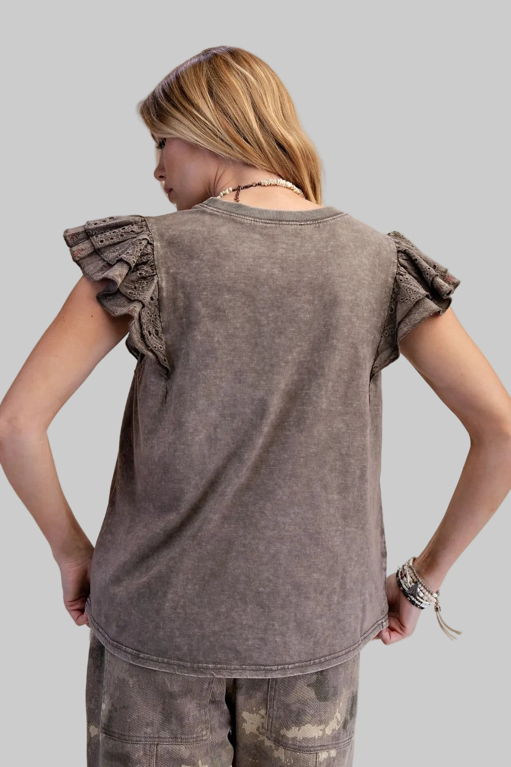 DOUBLE RUFFLE WING SLEEVE COTTON SLUB KNIT TOP - MOCHA