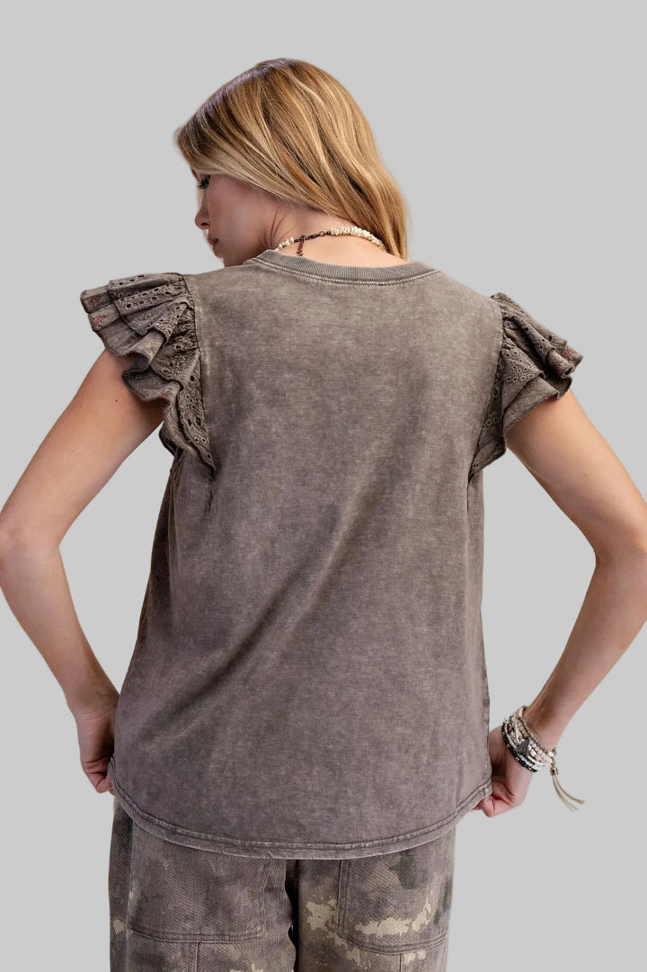 DOUBLE RUFFLE WING SLEEVE COTTON SLUB KNIT TOP - MOCHA