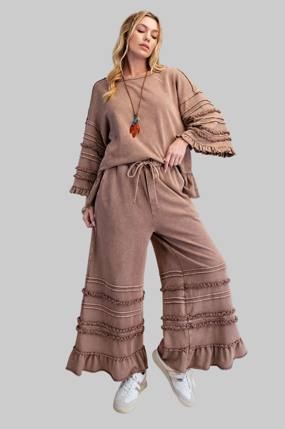HALF SLEEVE MINERAL WASHED RUFFLE HEM TUNIC - MOCHA