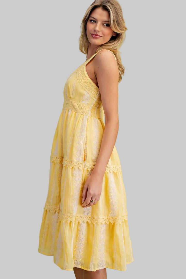 LACE STRAP EMBROIDERY DETAIL TIERED KNEE LENGHT DRESS - YELLOW