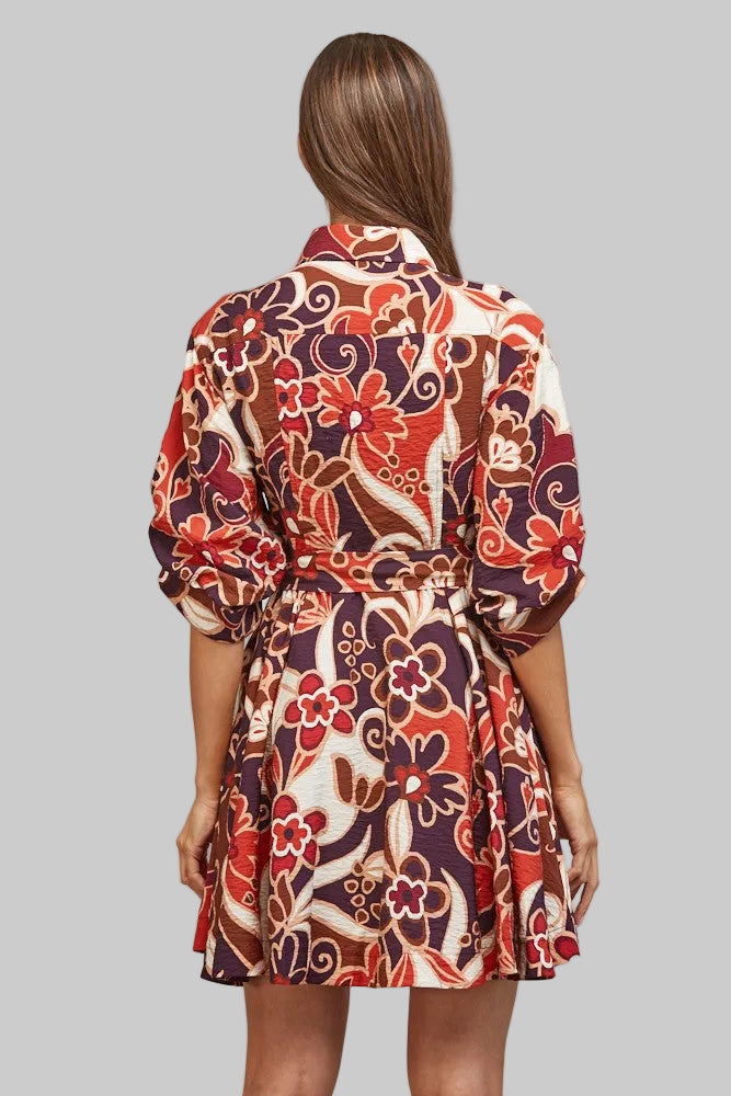 SHORT SLEEVE ABSTRACT FLORAL TIE WAIST DRESS - PURPLE MULTI