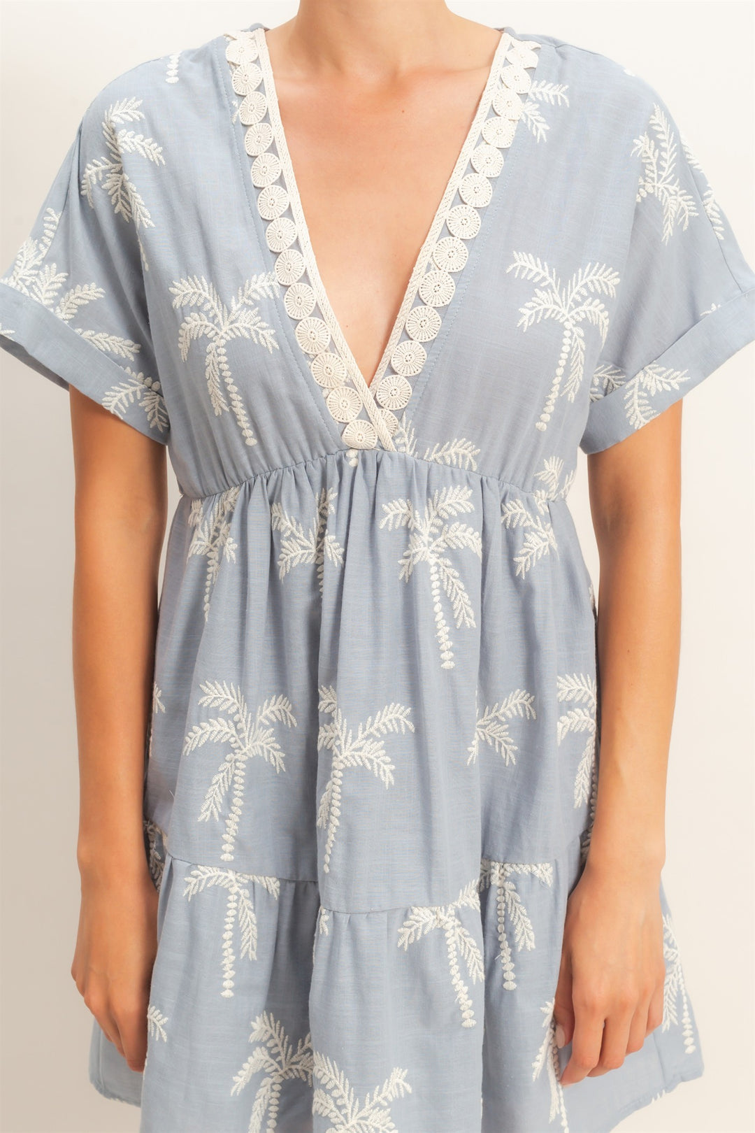 SHORT SLEEVE EMBROIDERED PALM TREE TIERED SHORT DRESS - DUSTY BLUE