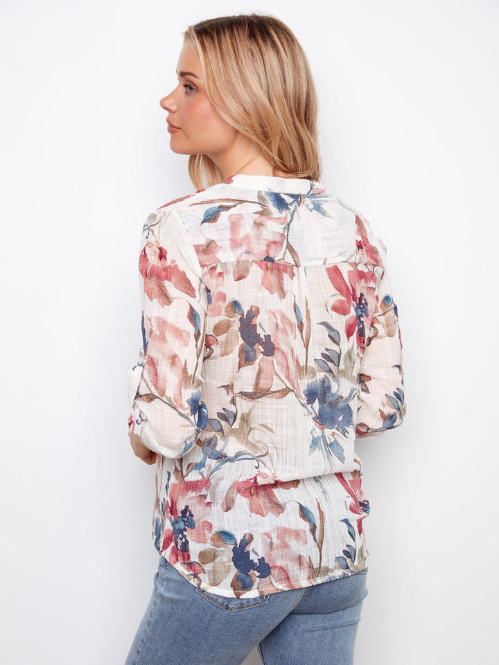 PRINTED ROLL UP SLEEVE COTTON GAUZE TOP - ARTIST