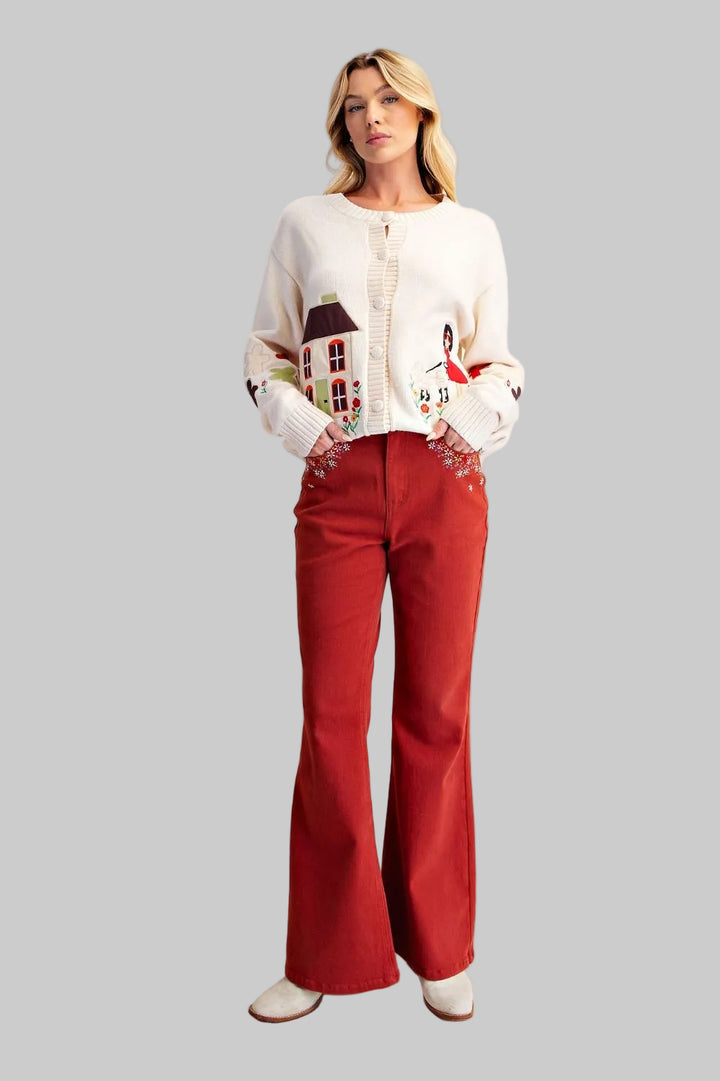 HR WASHED STRETCH TWILL BELL BOTTOM PANTS - RUST