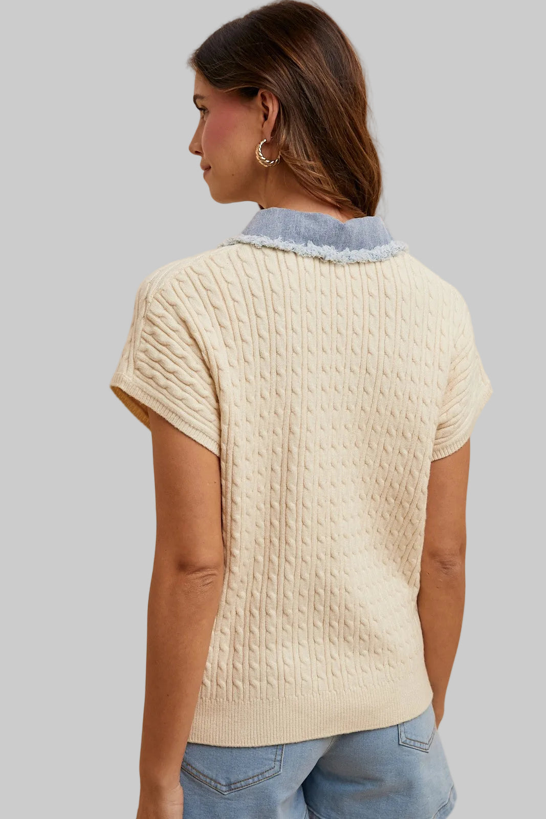 SHORT SLEEVE DENIM MIX BUTTON DOWN SWEATER - CREAM