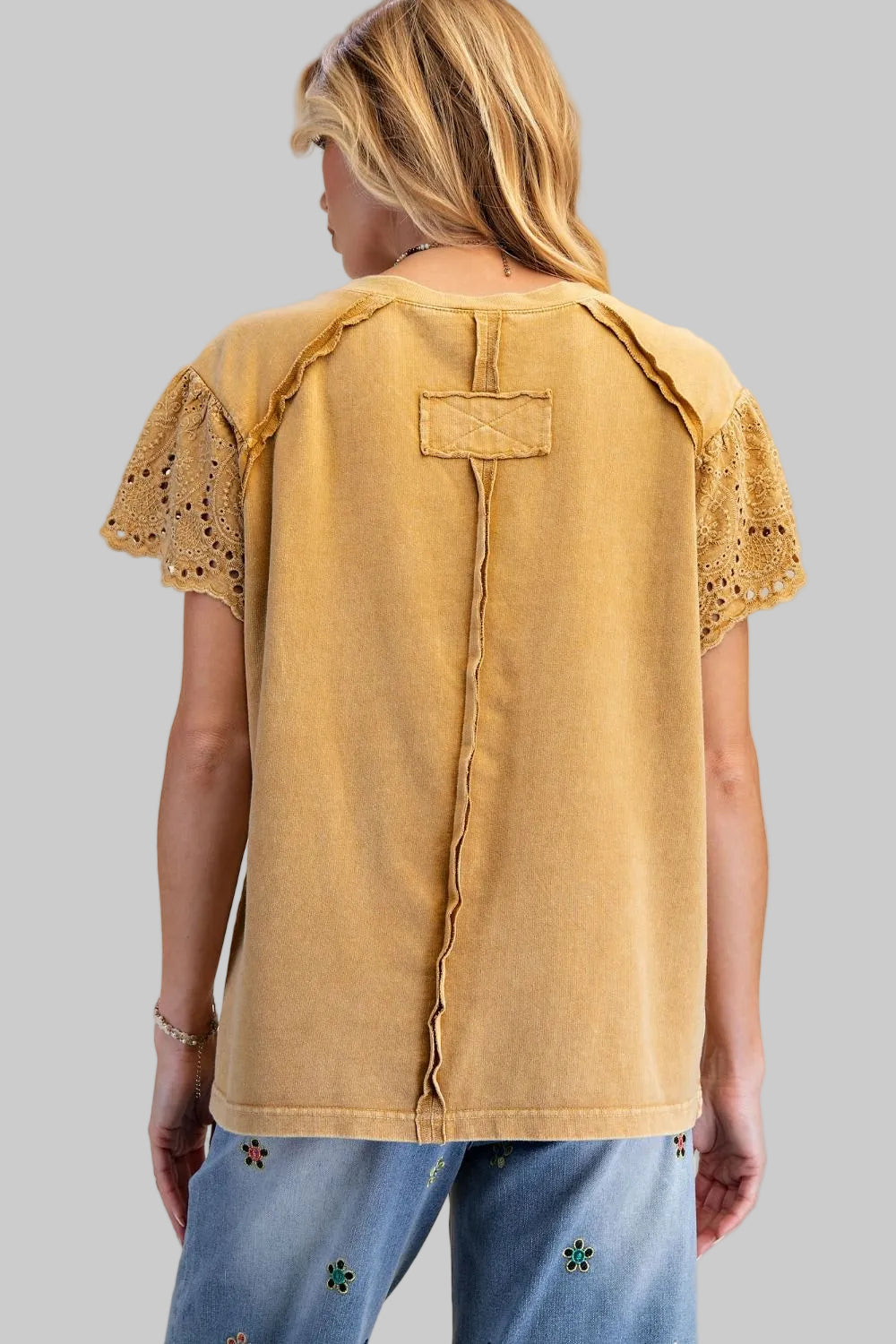 LACE SLEEVE CROCHET PATCH TERRY KNIT TOP - WALNUT