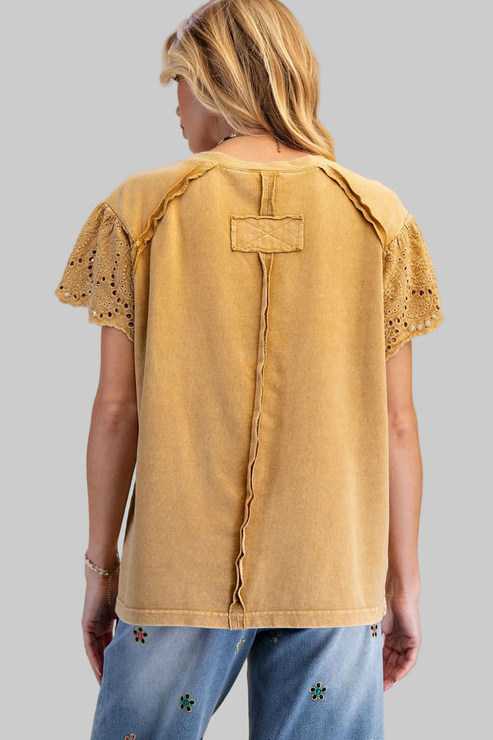 LACE SLEEVE CROCHET PATCH TERRY KNIT TOP - WALNUT