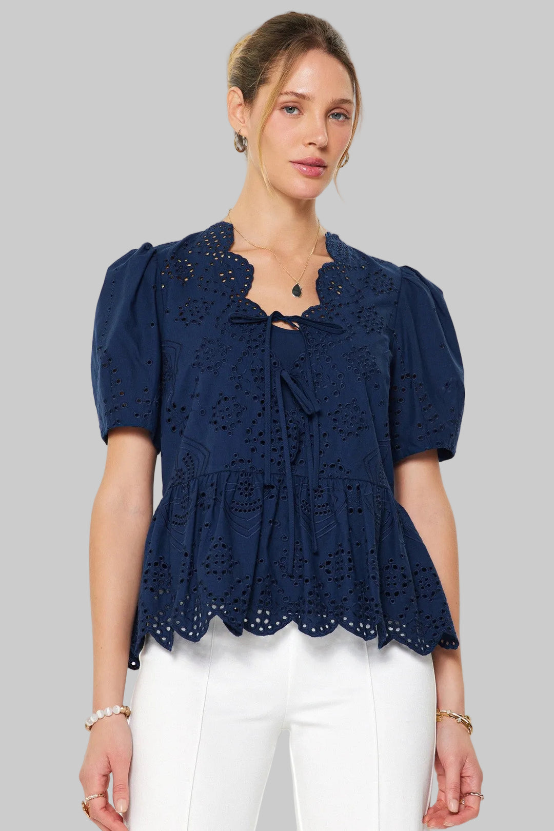 PUFF SHORT SLEEVE TIE FRONT EYELET EMBROIDERED BLOUSE - NAVY