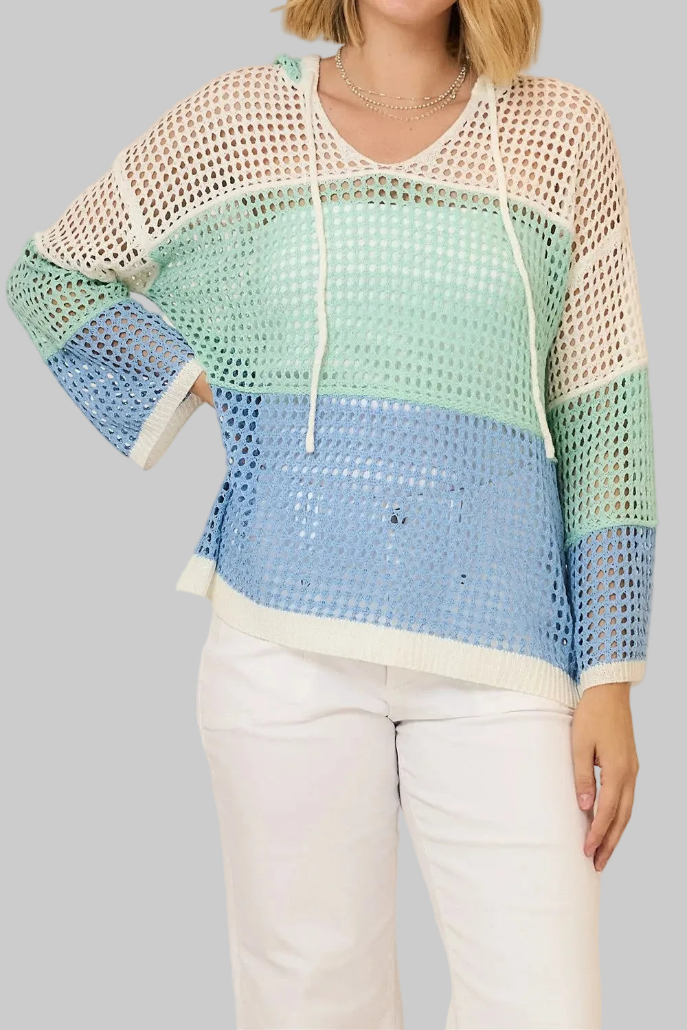 LONG SLEEVE OPEN KNIT COLOR BLOCKED HOODED SWEATER - SEAGLASS
