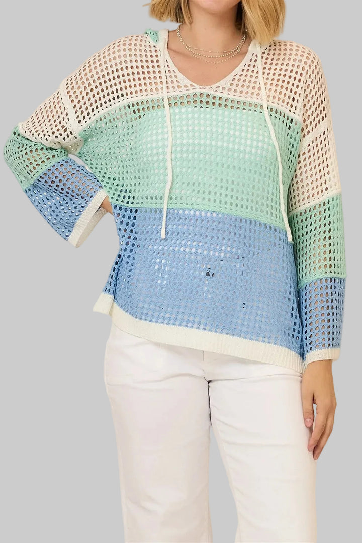 LONG SLEEVE OPEN KNIT COLOR BLOCKED HOODED SWEATER - SEAGLASS