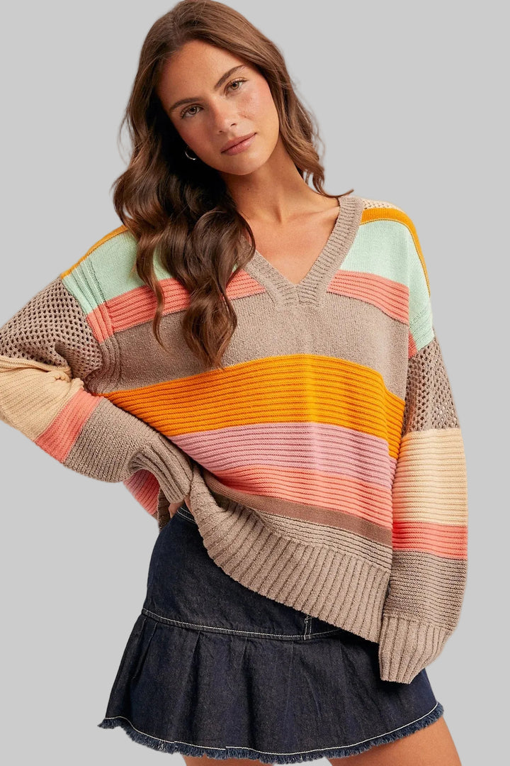STRIPED COLOR BLOCKED SWEATER - MOCHA/MINT/CORAL