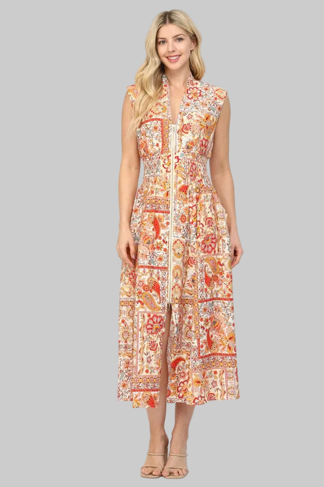 SLEEVELESS V-NECK FRONT ZIP PRINTED MIDI DRESS - CREAM MULTI