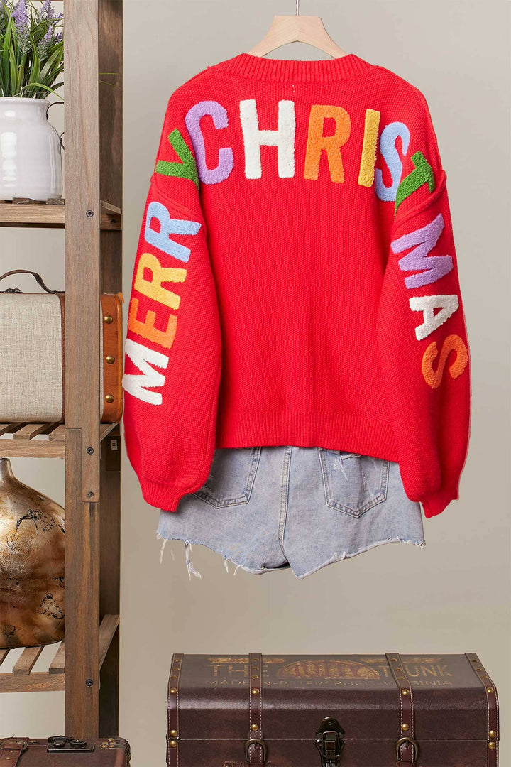CHRISTMAS LETTERING PATCHWORK V-NECK CARDIGAN - RED
