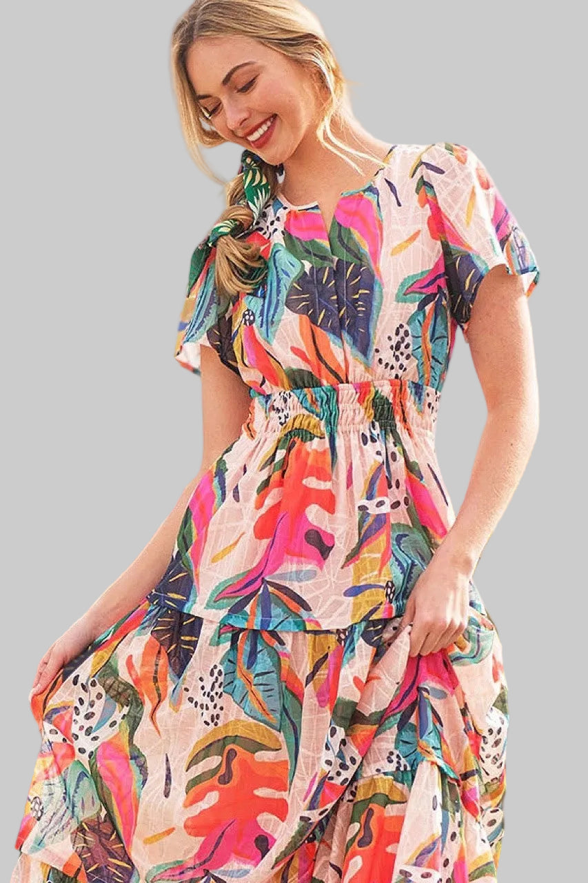 ABSTRACT PRINT SMOCKED MAXI DRESS - FUCHSIA COMBO