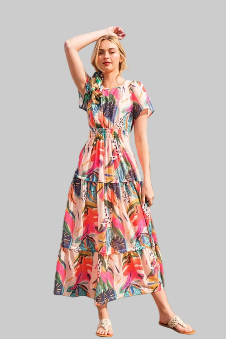 ABSTRACT PRINT SMOCKED MAXI DRESS - FUCHSIA COMBO