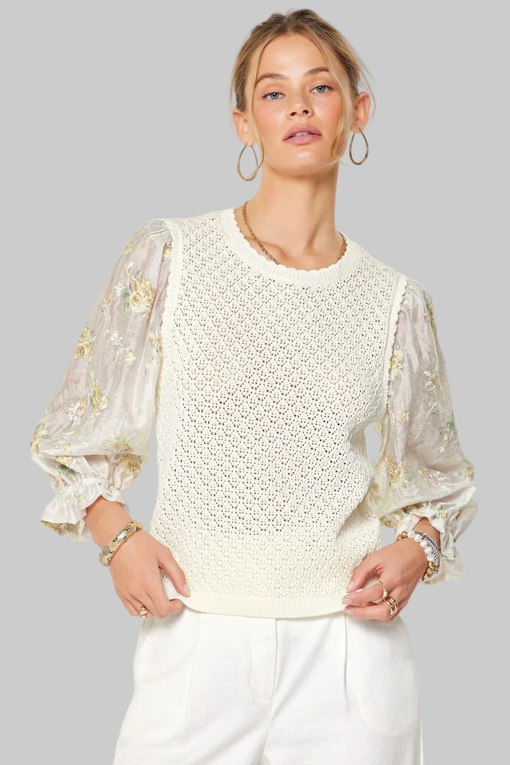 3/4 SLEEVE SCALLOP EDGE OPEN SWEATER - IVORY