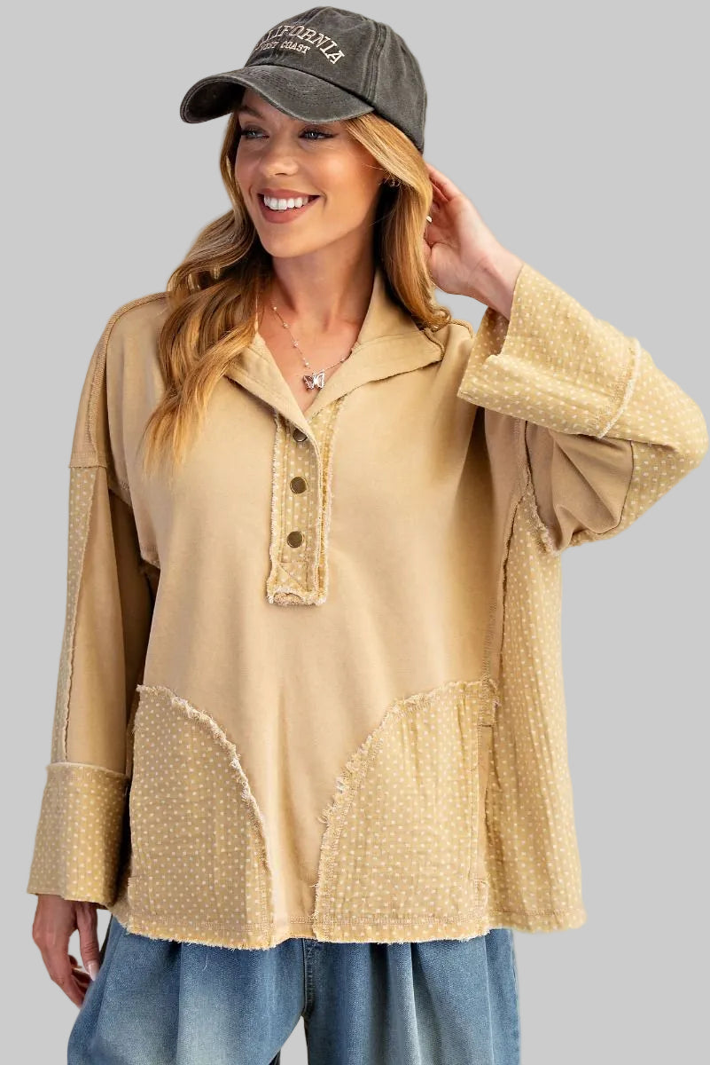 POLKA DOT MIX WASHED PULLOVER - HONEY MUSTARD