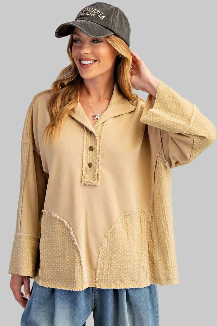 POLKA DOT MIX WASHED PULLOVER - HONEY MUSTARD