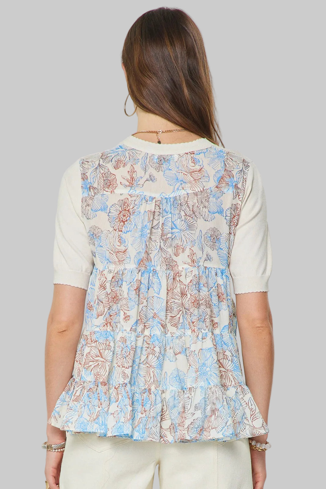 SHORT SLEEVE COMBO SWEATER/WOVEN TOP - IVORY