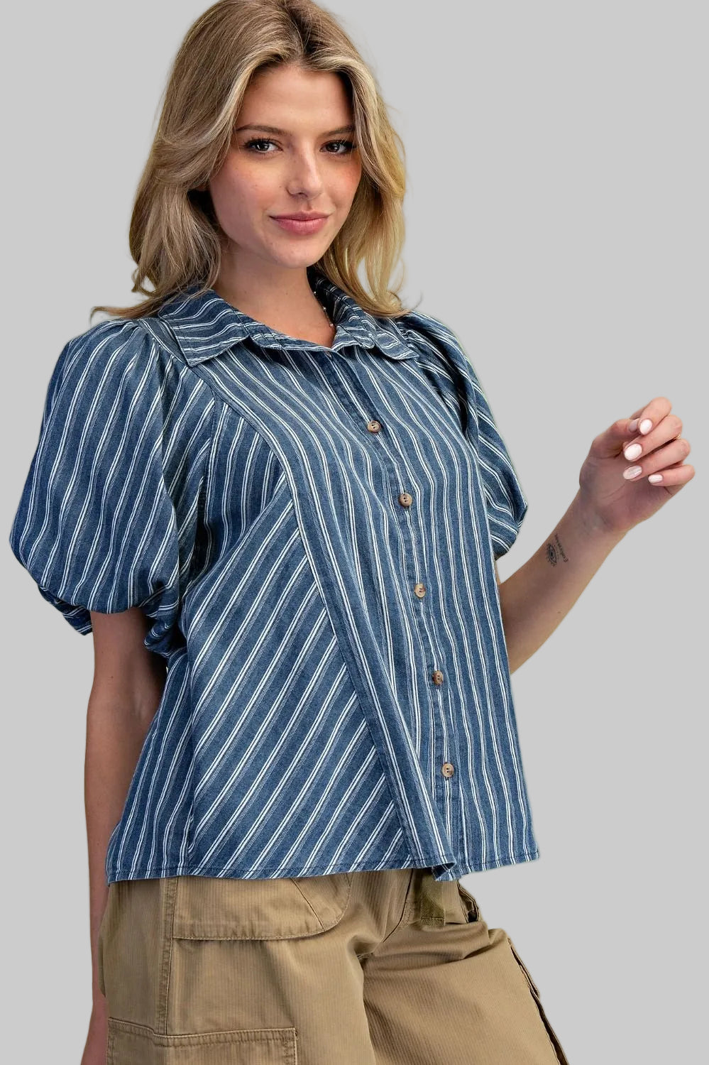 BUBBLE SLEEVE STRIPED MINERAL WASHED DENIM SHIRT - NAVY
