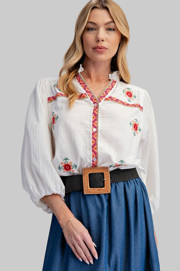 LONG BALLOON SLEEVE FLORAL EMBROIDERY BLOUSE - WHITE