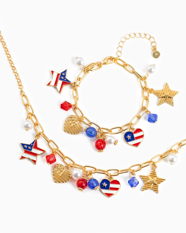 AMERICANA PATRIOTIC ACRYLIC BEAD CHARM NECKLACE