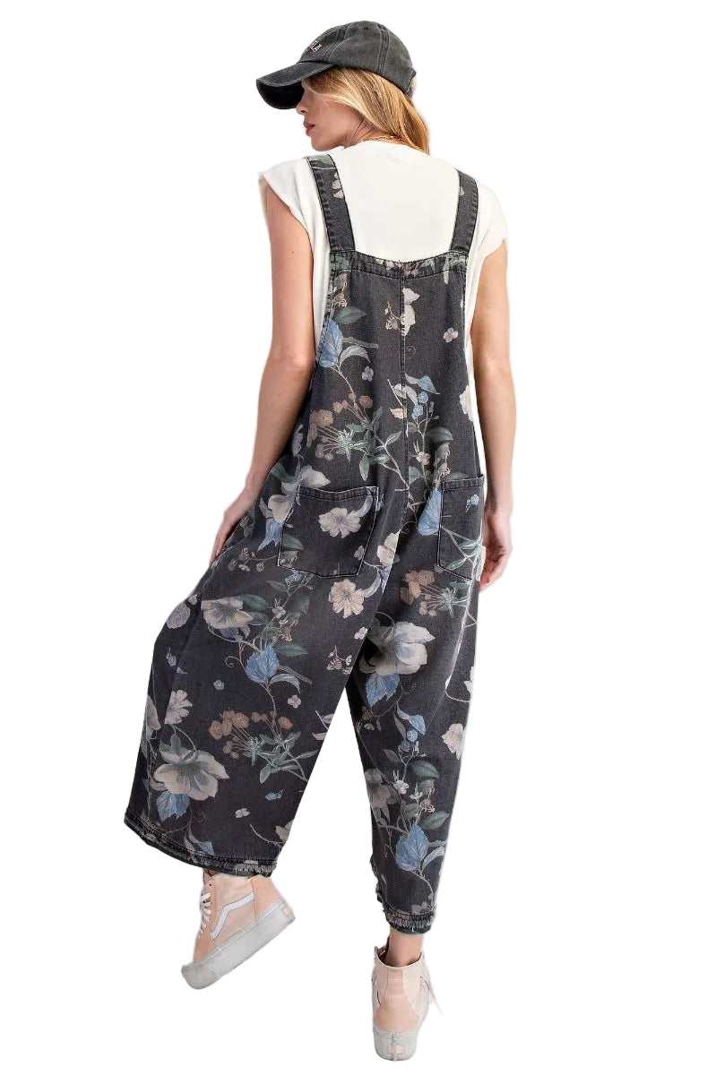 FLOWER PRINTED WASHED DENIM OVERALLS - BLACK DENIM