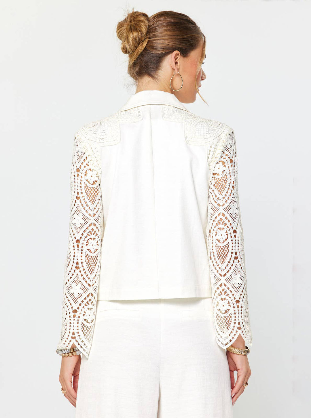 CROCHET LACE LONG SLEEVE CROPPED JACKET - IVORY