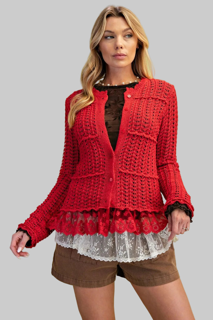 L/S LACE BOTTOM KNIT CARDIGAN - RED