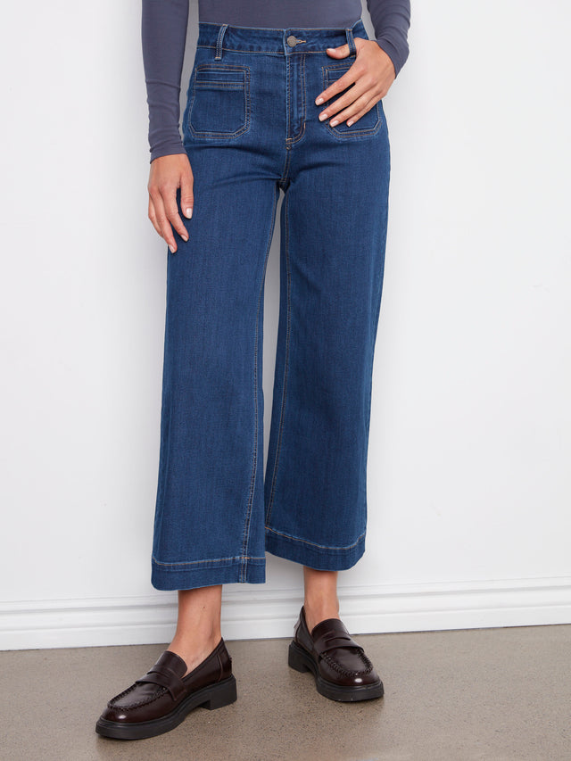 CROPPED PATCH POCKET FLARE STRETCH DENIM PANTS - INDIGO