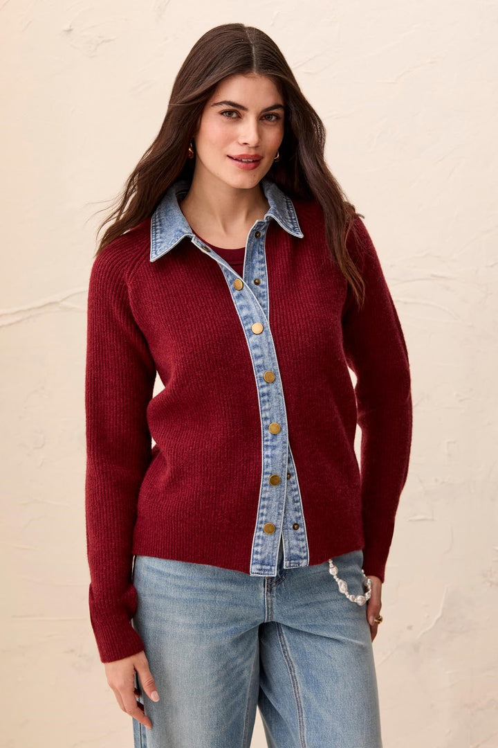 LONG SLEEVE MIXED MEDIA SWEATER JACKET WITH DENIM DETAIL - CHERRY LACQUER