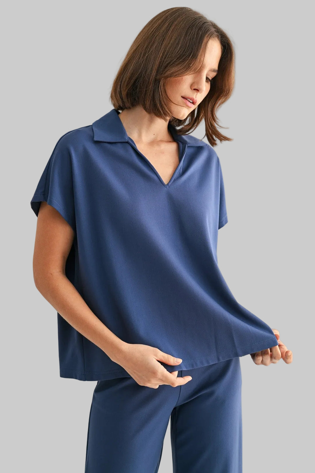 WIDE SHOULDER COLLARED KNIT TOP - SLATE