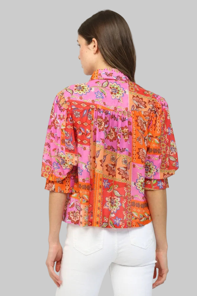 BALLOON SLEEVE FLORAL MOTIF PATCHWORK BLOUSE - FUCHSIA