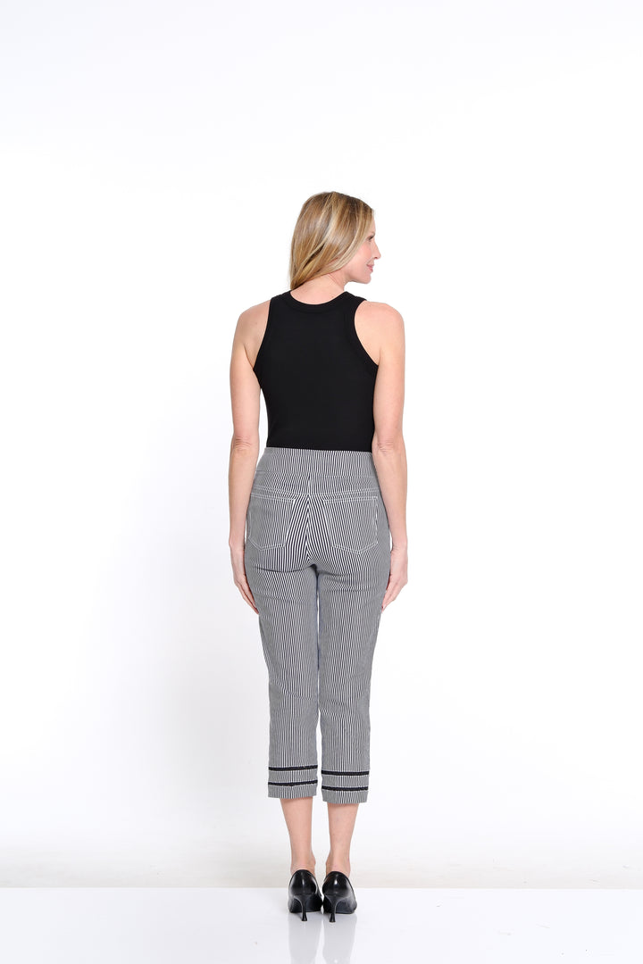 PULL ON WIDE BAND RIC RAC TRIM CROP PANTS - BLACK/WHITE STRIPED