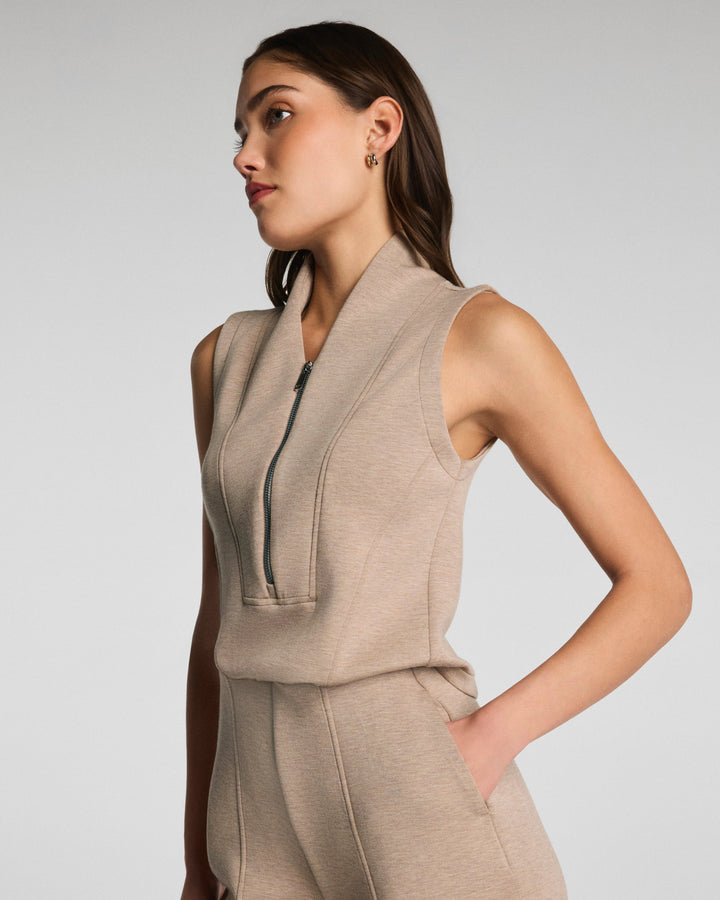 SPANX AIREESSENTIAL SHAWL COLLAR HALF ZIP JUMPSUIT - DUNE HEATHER