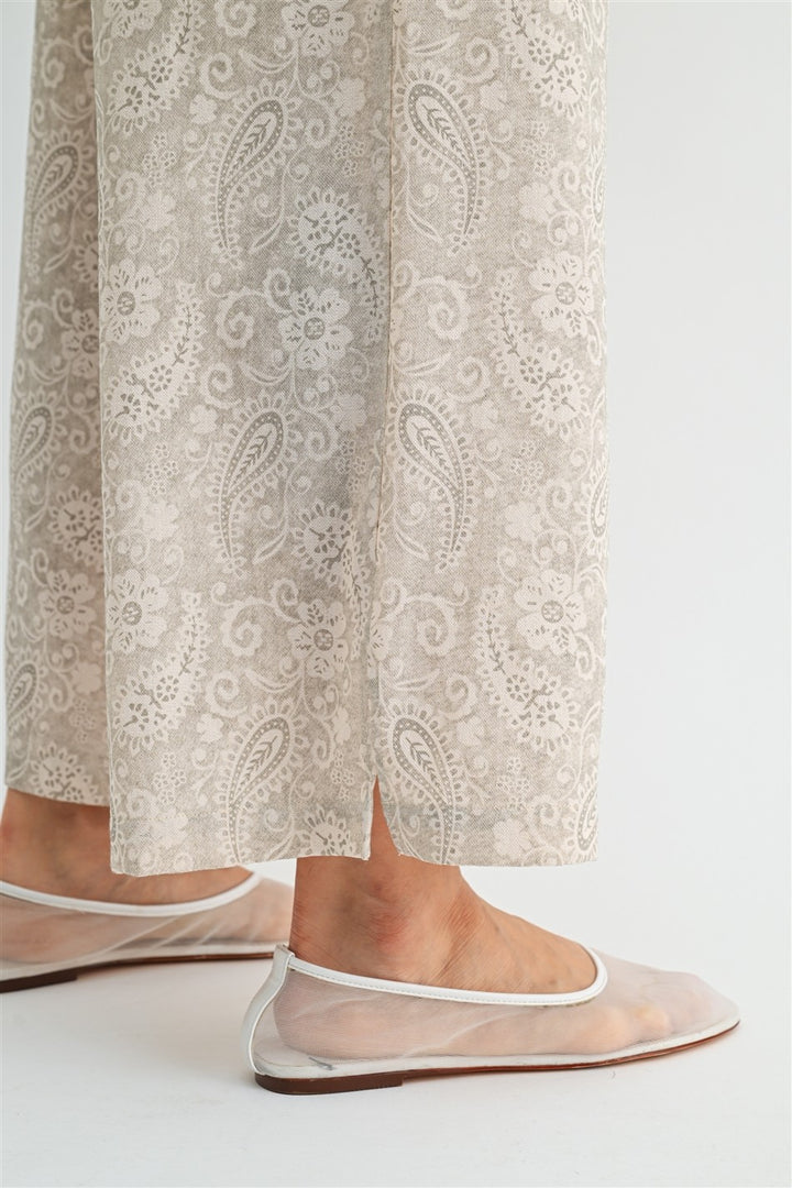 PAISLEY FLOWY WIDE LEG PANTS - OATMEAL