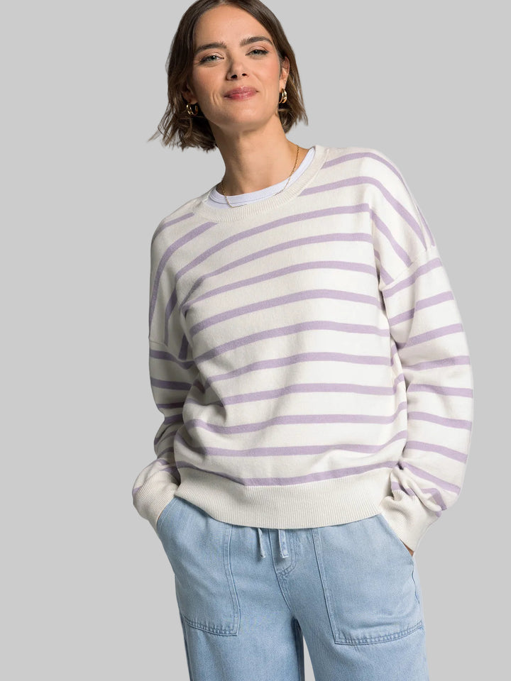 ROUND NECK STRIPED PRESTON SWEATER - IVORY LAVENDER