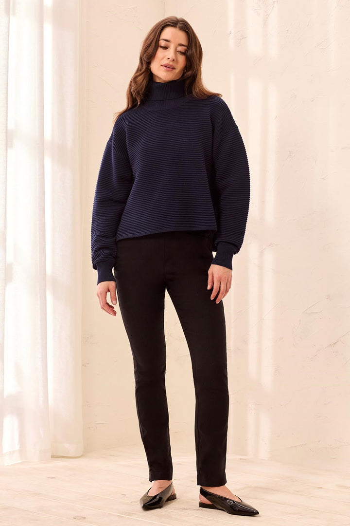 LONG SLEEVE T-NECK HIGH LOW SWEATER WITH SIDE SLITS - NIGHTFALL