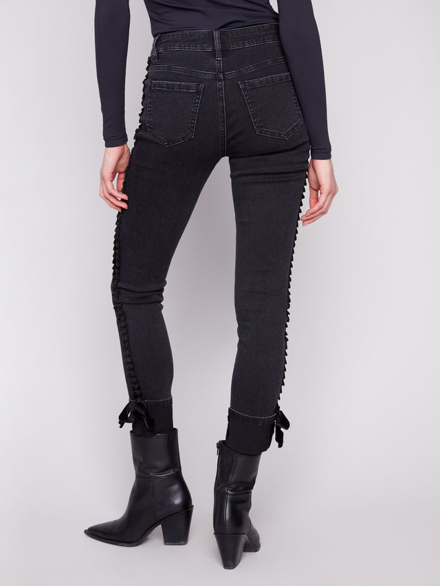 SLIM STRETCH DENIM PANTS W/VELVET BOW TRIM - CHARCOAL
