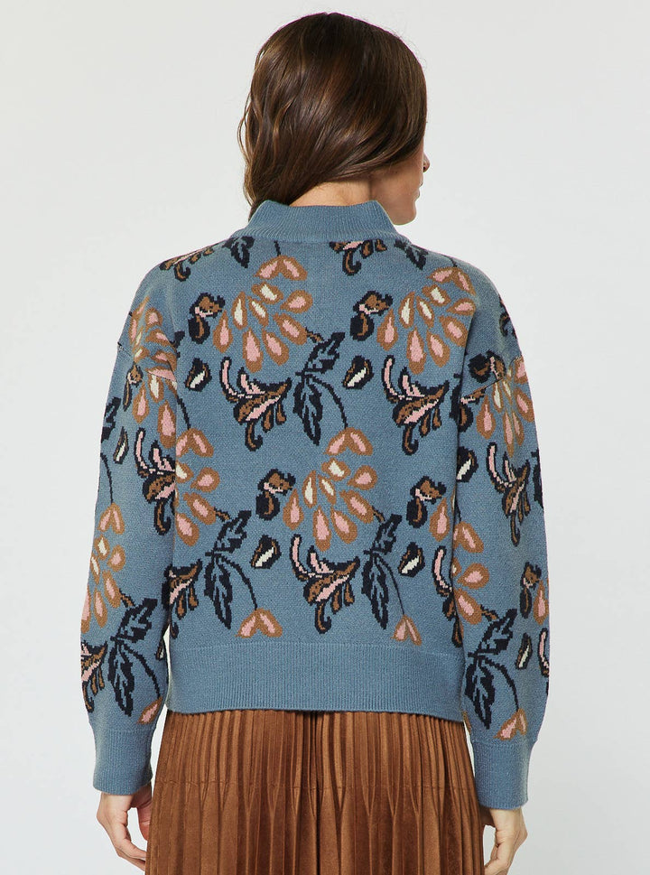 L/S PATTERN JACQUARD HALF ZIP SWEATER - DUSTY BLUE