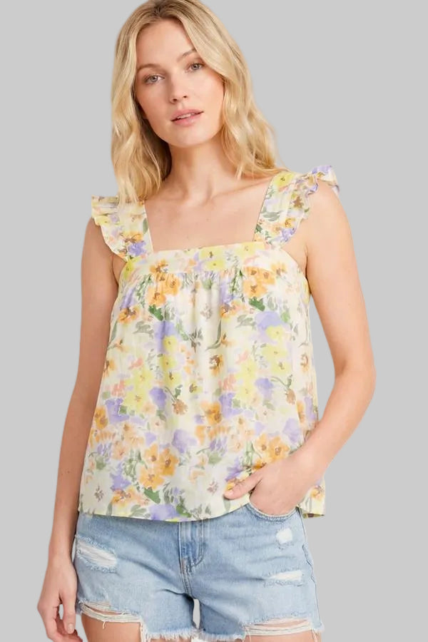 RUFFLE SLEEVE SQUARE NECK FLORAL TOP - YELLOW
