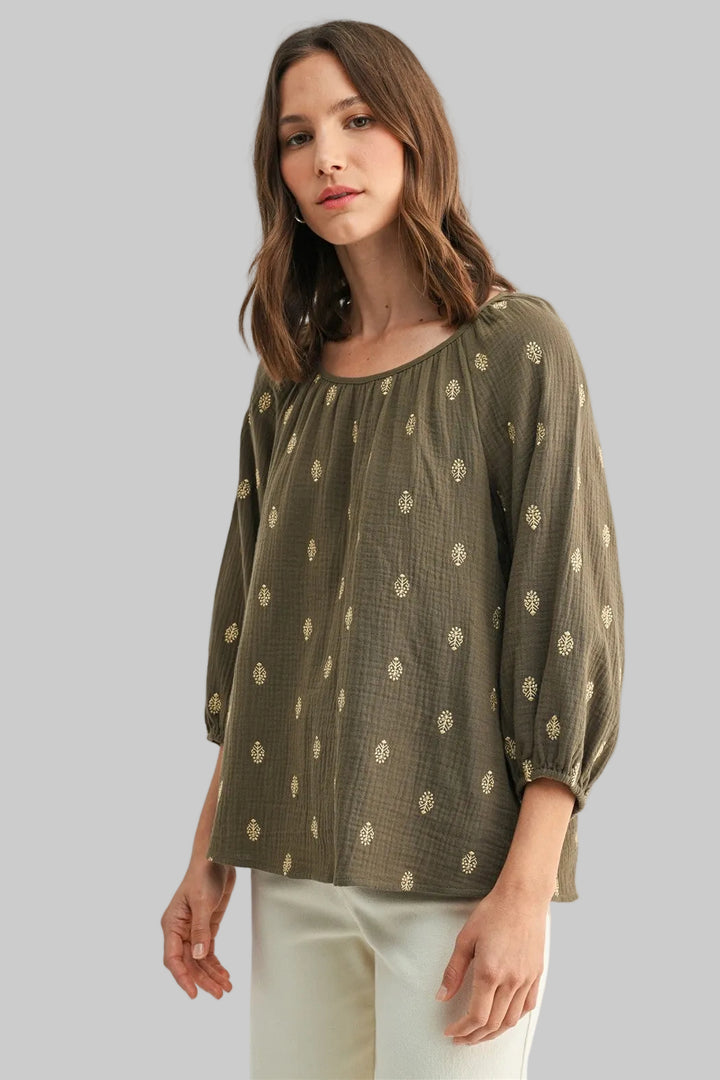 3/4 SLEEVE EMBROIDERED GAUZE TOP - OLIVE