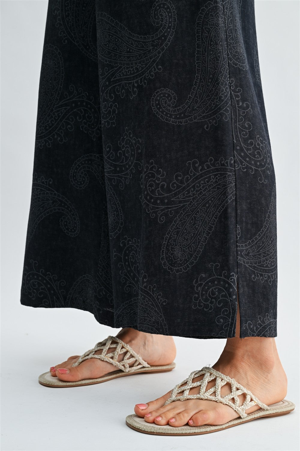 ELASTIC WAIST PAISLEY WIDE LEG PANTS - NAVY