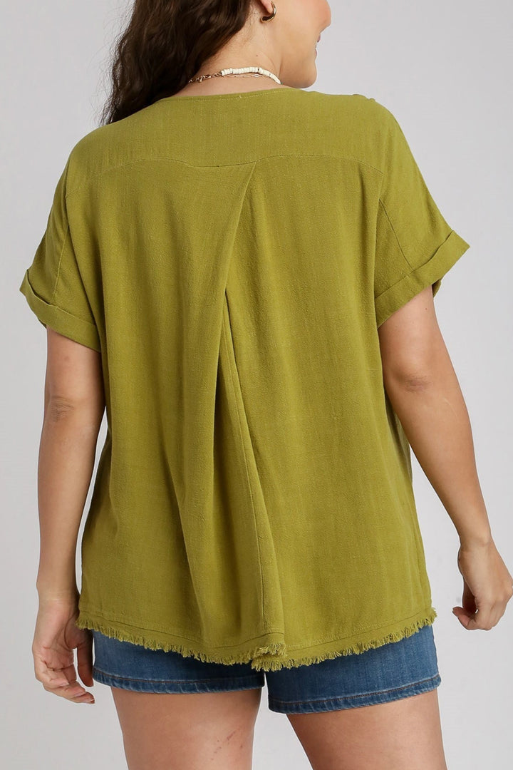 SHORT SLEEVE LINEN BOXY FRAYED HEM TOP - BLACK