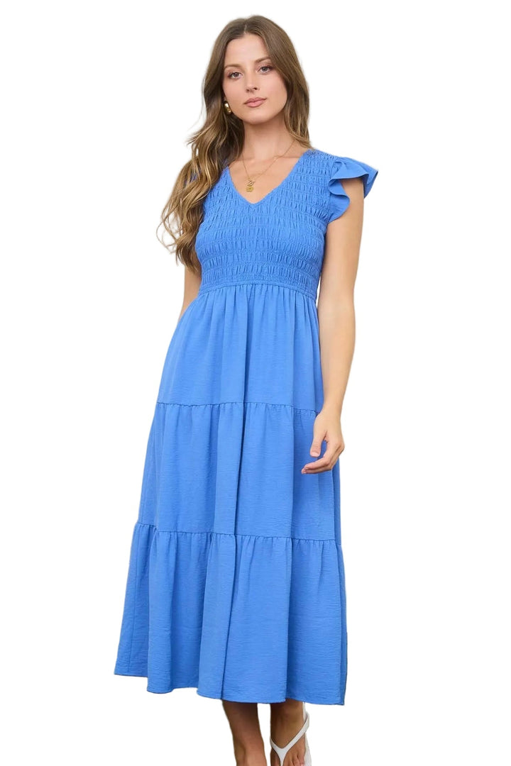 FLUTTER SLEEVE SMOCKED BODICE MIDI DRESS - DUSTY BLUE