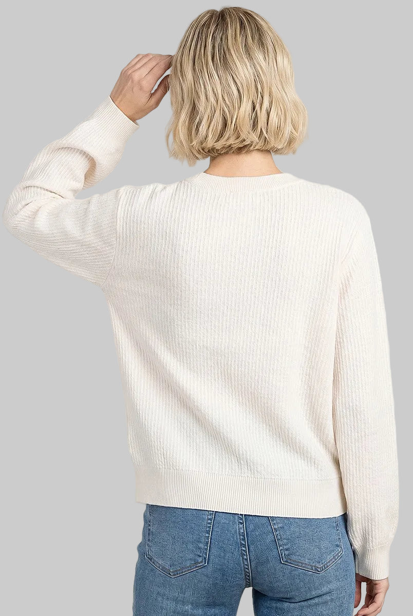 BALLOON SLEEVE TEXTURED CREW NECK TOP - IVORY