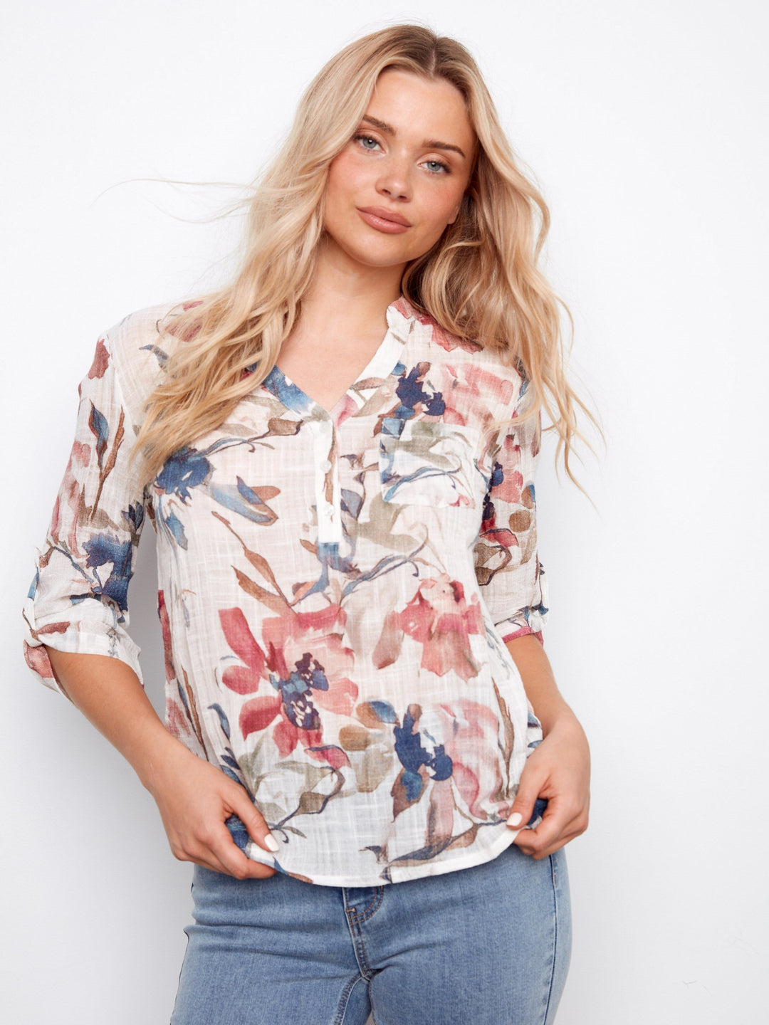 PRINTED ROLL UP SLEEVE COTTON GAUZE TOP - ARTIST