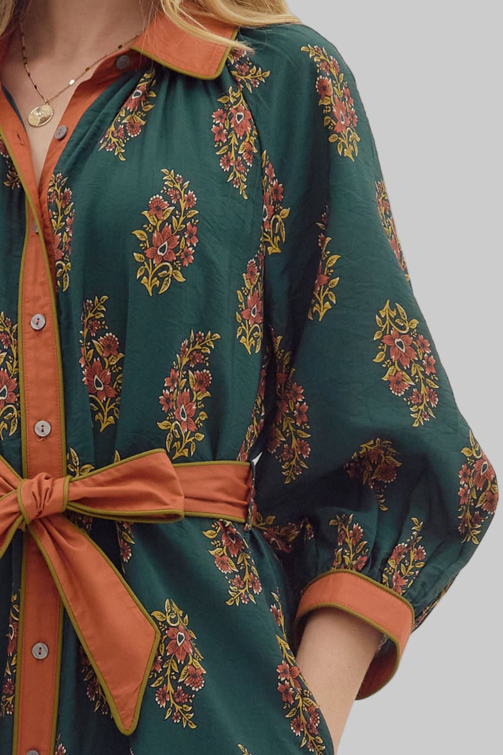 3/4 SLEEVE BOTANICAL PRINT MIDI DRESS W/TIE - HEATHER GREEN