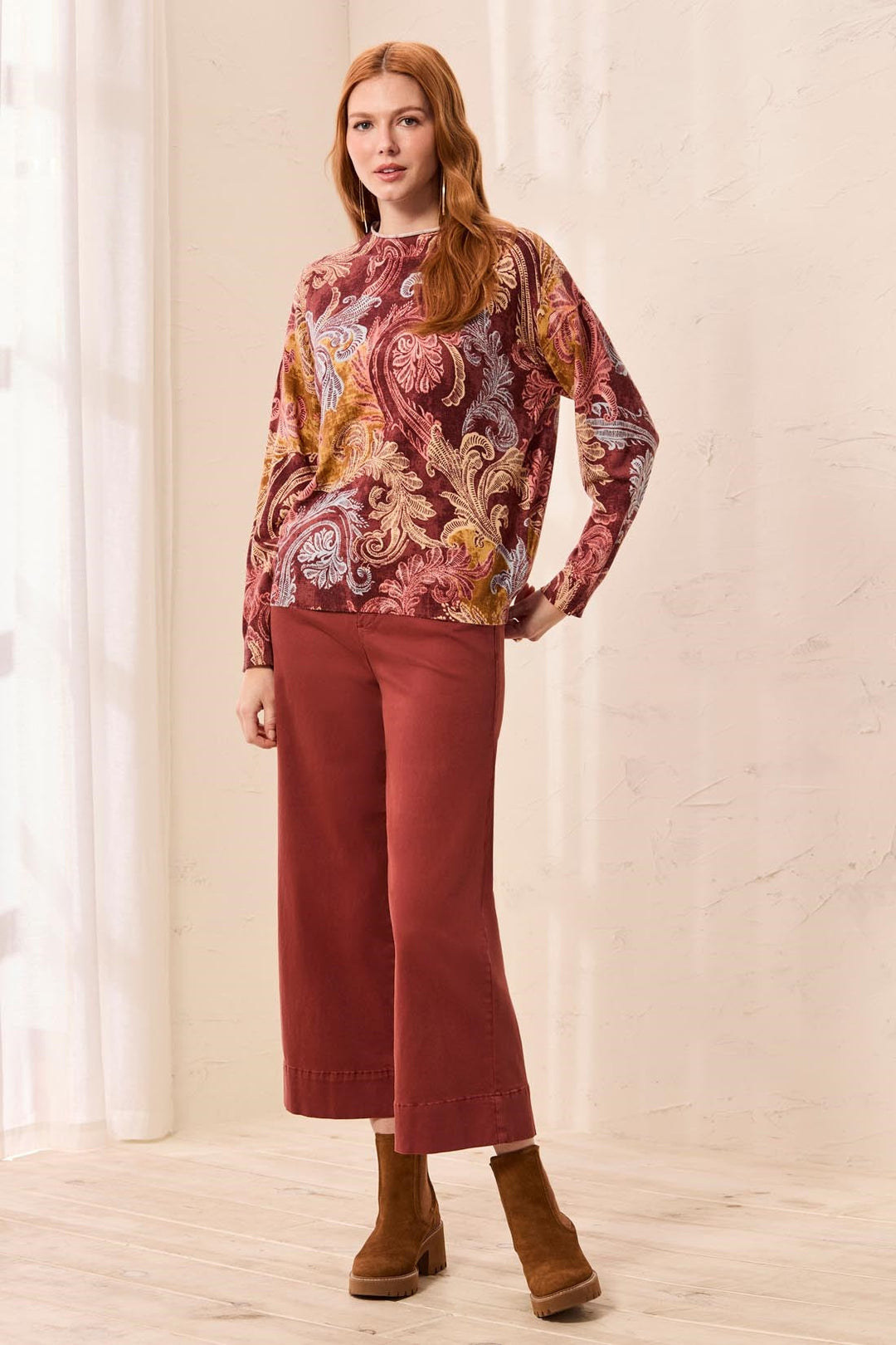 LONG SLEEVE LIGHTWEIGHT PRINTED FUNNEL NECK SWEATER - HENNA