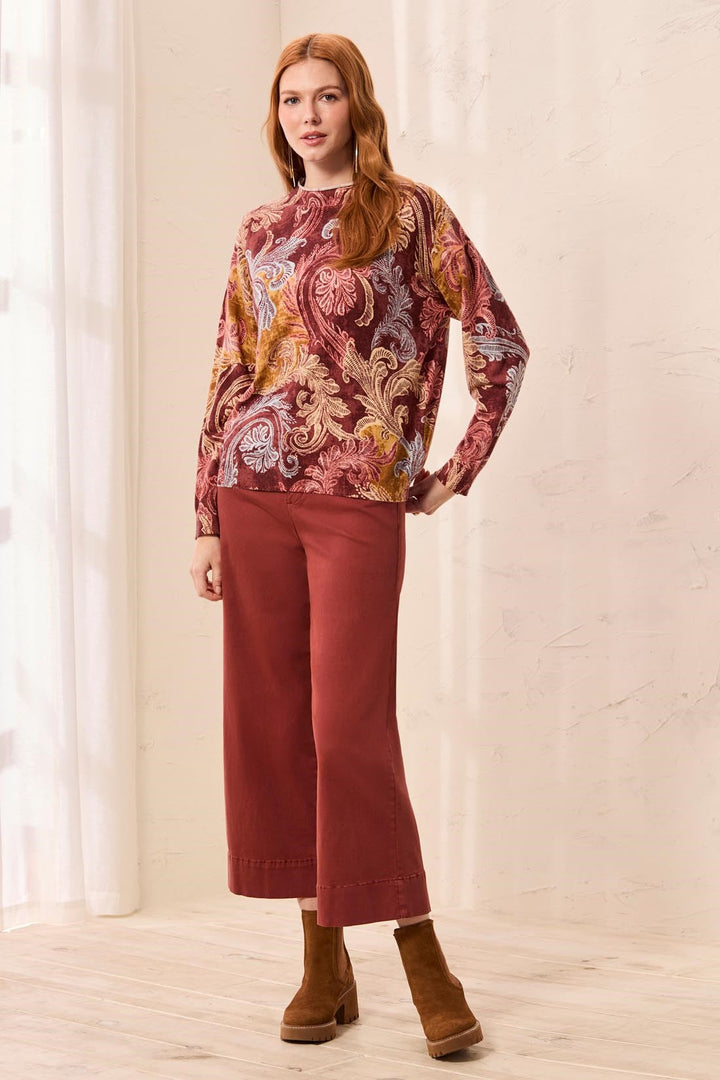 LONG SLEEVE LIGHTWEIGHT PRINTED FUNNEL NECK SWEATER - HENNA